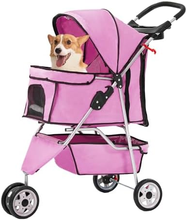 FDW | 3-Wheel Foldable Pet Stroller | Pink | Lightweight & Portable by FDW