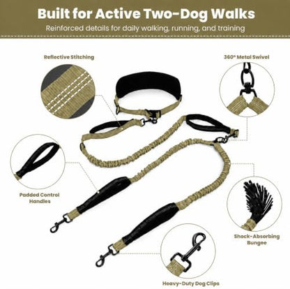 Hands Free Double Dog Leash, 4 Reflective Padded Handles, Adjustable Waist Belt 27-51", Shock-Absorbing Bungee, 360° Swivel Clips, for Small, Medium & Large Dogs, Walking Jogging Running - Image 2