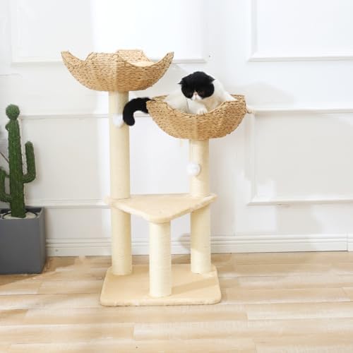 SHENGOCASE Cat Tree Tower with Rattan Wicker Basket, 2 Large Nest Baskets Bed, Window Perch for Large Cats up to 25 lbs - Image 2