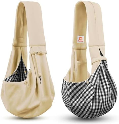 Tomkas Small Dog Cat Sling Carrier Puppy Purse Travel Wrap Soft Crossbody Pet Bag (Cream, M - Classic Pocket & Classic Strap) - Image 5