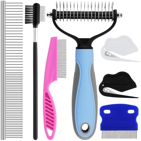 7 Pack Pets Grooming Brush Comb Kit,Double-Side Deshedding Dematting Dog Brush,Undercoat Rake for Dogs & Cats,with Metal Comb,Flea Comb,Open Knot Comb,Fine-Teeth Comb,Tear Stain Remover Comb by GUBCUB