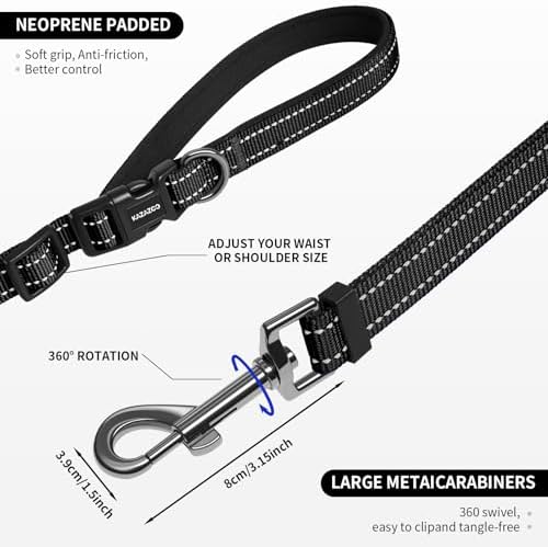 Kazazoo Hands-Free Dog Leash Adjustable Length 5-8Ft,Crossbody & Waist for Dog Walking, Running for Small Dogs with Reflective Strips, Ballistic Nylon, Waist Belt, Lightweight Black - Image 5