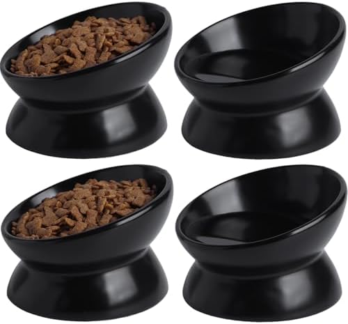 Elevated Ceramic Cat Bowl, 15° Tilted Raised Food & Water Dishes, Anti-Vomiting & Neck Protection Pet Feeder for Kittens, Small Dogs (5.2", Black, 4pc Set) by KITCHENLESTARaddsmorebeautifulcolourstoyourlife