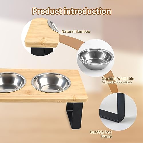 Elevated Cat Bowls, Raised Cat Food Bowls, 15°Tilted Stainless Steel Cat Bowls for Indoor Cats, Anti Vomit, Bamboo, Stand with 3 Feeder Bowls for Cats and Puppy - Image 5