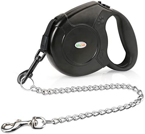 Idepet Heavy Duty Retractable Dog Leash for Small and Medium Dogs, Anti-Chewing Steel Chain 360 Degree Tangle-Free,Break and Lock System,16ft Leash for Dog Walking (Black, Flat Rope) by Idepet