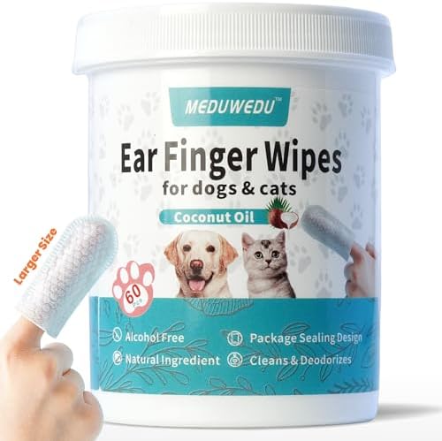 MEDUWEDU Wider Ear Cleaner Finger Wipes 60 Counts, Dog Ear Cleaner, Grooming Kit Care for Dogs and Cats,Otic Cleaning Pads, Remove Wax, Dirt & Stop Smelly, Itchy, Non-Irritating, Coconut Scent by MEDUWEDU