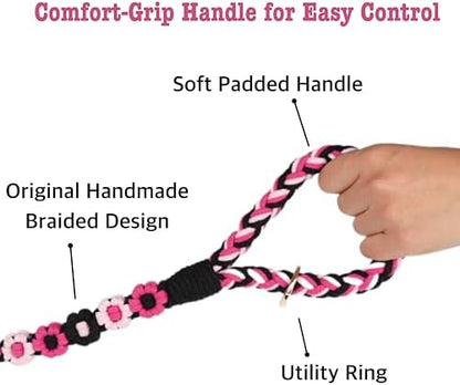 5FT Braided Cotton Rope Leash for Small, Medium and Large Dogs, Pink Velvet - Image 3