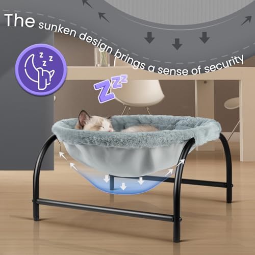 JUNSPOW Cat Bed Dog Bed Pet Sleep Hammock 16.9in x 16.9in x 9.5in, Grey+Fur - Image 2