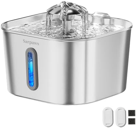 SARPAWS Cat Water Fountain Stainless Steel：74oz/2.2L Water Fountains for Cats Indoor, Cat Fountains for Drinking, Ultra-Quiet, Water Level Window, Pet Water Fountain - 2 Filters + 2 Sponges by Sarpaws