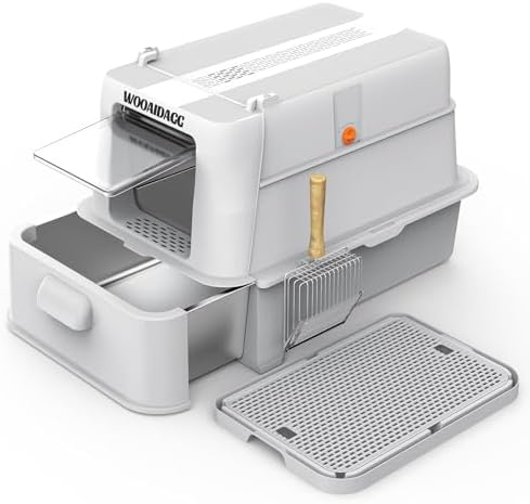 Wooaidagg Enclosed Stainless Steel Cat Litter Box with Odor Control, Modular Design with Drawer and Flip Door, Easy to Clean and Wash,Non-Stick Interior,Extra Large Size Fits All Cats(Light Grey) by WOOAIDAGG
