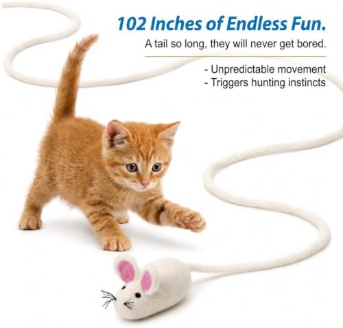 Glaciart One Felt Mouse Cat Toy – Soft Fuzzy Enrichment 100% Natural Wool - Interactive Catnip Play Cat Toy Set - Safe for Pets, Non-AZO Colored Dyes - 100” Long - Image 2