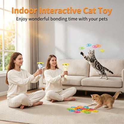 Cat Fetch Toy Flying Disc Cat Propeller Toy Set 2 Launchers 19 Discs 8 Springs Glow in the Dark Fast Reload Interactive Launcher for Indoor and Outdoor - Image 4