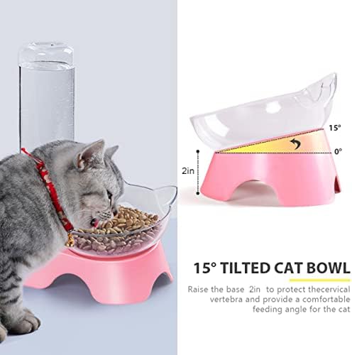 MILIFUN Double Dog Cat Bowls - Pets Water and Food Bowl Set, 15°Tilted Water and Food Bowl Set with Automatic Waterer Bottle for Small or Medium Size Dogs Cats - Image 2