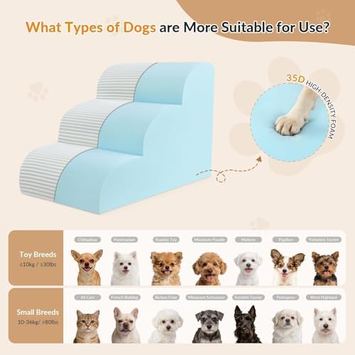 Dog Stairs for Couch and Chair,15.7" H 3-Step Pet Steps for Small Dogs and Cats, Non-Slip Sturdy Dog Ramp with Anti-Tip Safety Strap and Washable Cover,Balanced Ramp Indoor Pet Stairs - Image 6
