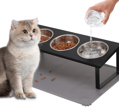 Summark Upgraded Elevated Cat Bowls with Food Mat,15°Tilted Stand Anti Vomiting Raised Cat Dishes for Food and Water,3 Stainless Steel Bowls for Cats and Puppy（Black） by Summark