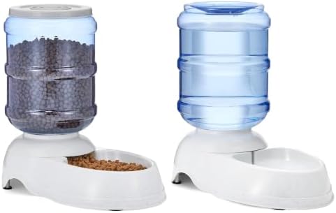 Amazon Basics Automatic Pet Water Dispenser and Gravity Food Feeder Set for Cat and Dog, Easy to Clean, 152fl.oz food feeder, 135.3fl.oz water dispenser, Small, Pack of 2 by AmazonBasics