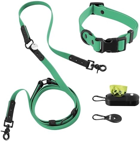 WLK1005K-5SET Luna Medium 8FT Adjustable 6-in-1 Waterproof Hands-Free Leash and Collar with LED Flashlight, Bag Dispenser, and Poop Bag Holder, Julep by THELICKERSTORE