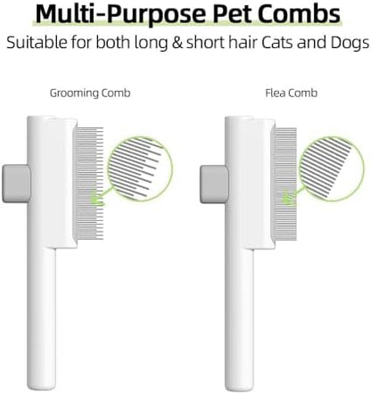 Marchul 2 Pack Self-Cleaning Pet Grooming Comb Set, Cat & Dog Flea Brush with One-Click Release Button, Stainless Steel Round Teeth Comb for Removing Tangles, Loose Fur and Shed Hair, White - Image 2