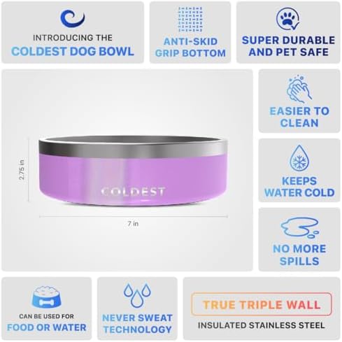 Coldest Dog Bowl - Anti Rust Metal, Non Slip, 3 Layers Insulated Stainless Steel Dog Bowls - Spill Proof & Heavy Duty - Water Bowl for Dogs, Cats, Dish Washer Safe (42 oz, Saturns Purple Glitter) - Image 5