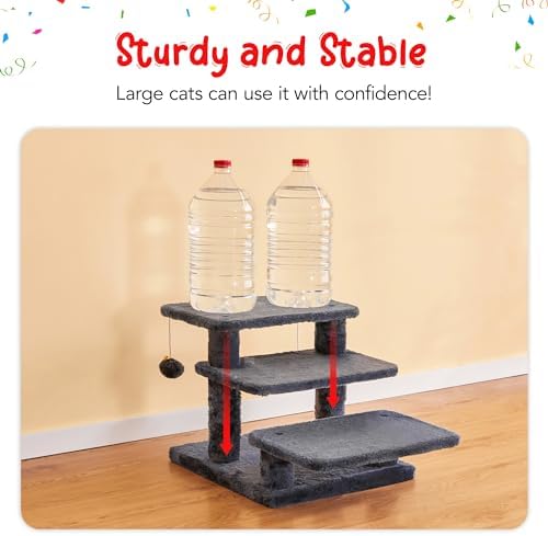 15''H Multi-Step Pet Stairs for High Beds & Sofas, 3-Step Cat Stairs with 2 Toy Balls, Wide Boards for Indoor Kittens Dogs Pets Climbing, Smoky Grey - Image 5