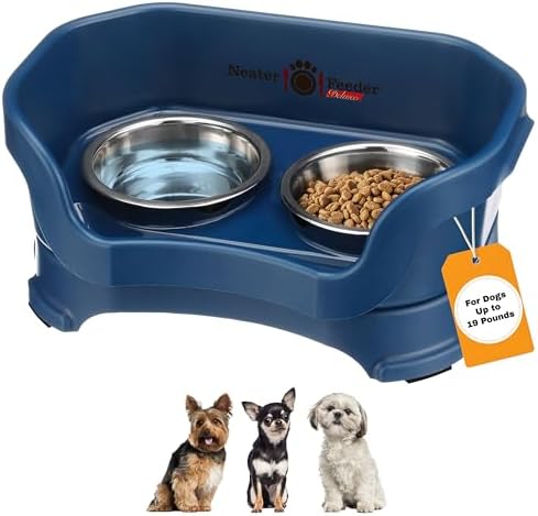 Neater Pet Brands Neater Feeder Deluxe Mess Proof Dog Bowls Elevated for Small Dogs Under 19 lbs, Made in USA, No Spill Raised Dog Food Bowl Stand Feeding Station, Food and Water Bowl Set, Dark Blue by NeaterPetBrands