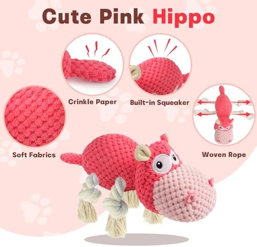 TOOPTATE Hippo Squeaky Dog Toy, Pink, Medium - Image 2