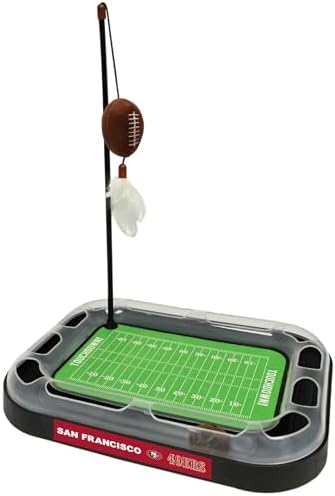 Pets First Cute Cat Toy SAN Francisco 49ERS Football Field CAT Scratcher Toy, Catnip Filled Plush Football Toy & Feather Cat Toy Hanging with Jingle Bell Interactive Ball Cat Chasing 5in1 Kitty Toy by PETSFIRST