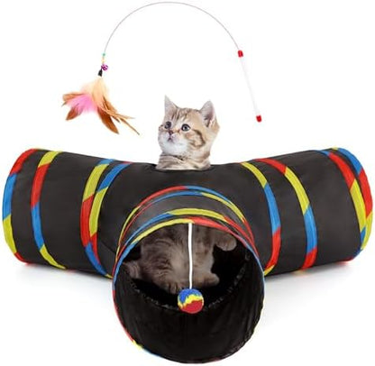 Tempcore Cat Tunnel, 3-Way Collapsible Toy for Indoor Cats, Black & Rainbow by Tempcore