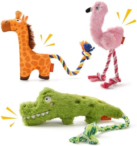 AUSCAT Plush Dog Rope Toy, Durable Squeaky Dog Toys for Puppy Small Medium Dogs (Not for Aggressive Chewers), Crocodile & Giraffe & Flamingo by AUSCAT