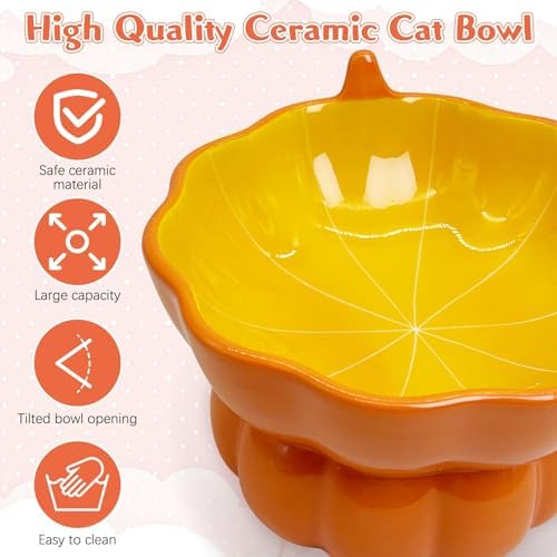 Hamiledyi Ceramic Raised Cat Bowl Tilted 15° Elevated Cat Bowl for Food or Water Anti Vomiting and Whisker Fatigue Cute Pumpkin Shaped Pet Feeder Bowl for Indoor Cats Kitten and Dogs (Orange Pumpkin) - Image 2