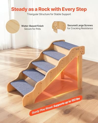 VEVOR Wood Pet Stairs, 5-Step Dog Stairs for High Beds, Sofa & Cars, 150lbs Load Capacity, Non-Slip Surface, Stable Cat & Dog Step Ladder for Small Medium Large Older Pet Puppy Essentials - Image 3