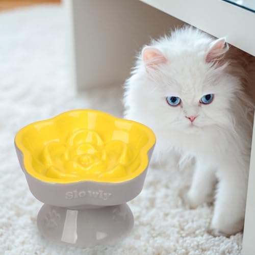 S&Q's CERAMICS Raised Slow Feeder Cat Bowl, Ceramic Elevated Food Bowl Small Dogs Slow Feeder, Flower Shaped Cute Pet Dish for Dry and Wet Food (Yellow, 5.8") - Image 6