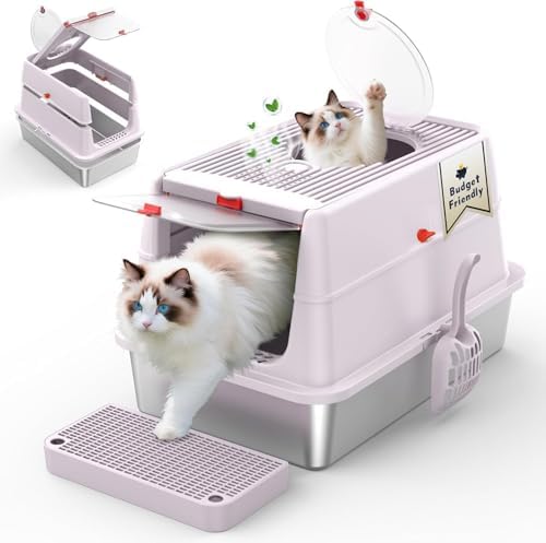 Stainless Steel Cat Litter Box with Lid, 160° Flip Top Kitty Litterbox, XL High Sided Enclosure Litter Pan for Big Cats, Front & Top Entry, Anti-Leakage, Odor-Free, Includes Scoop Mat, Purple Pink by Labeta