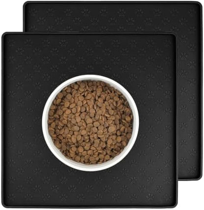 2 Pack Pet Placemat for Dog and Cat, Waterproof Non-Slip Silicone Feeding Bowl Mat Prevent Food and Water Overflow, Puppy Dish Feeder Fountain Trays Suitable for Medium and Small Pets, Black by PTLOM