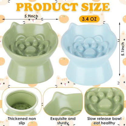 2 Pcs Elevated Slow Feeder Cat Bowls, 5.91 x 5.24 Inch Ceramic Cat Slow Feeder Bowl, 3.54 Inch Raised Base, 3.38 Fl Oz, Green and Blue Ear Shaped Dishes - Image 2