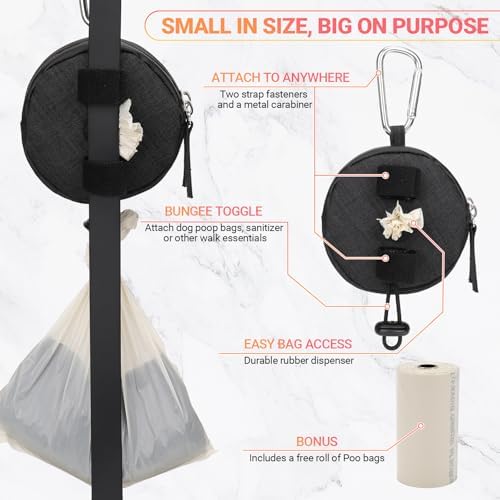 Dog Poop Bag Holder for Leashes- Dog Treat Pouch with Waterproof Zipper,Puppy Training Small Bag with Carabiner & Bungee Toggle,Two Pockets for Dry or Wet Treats-Pet Travel Walking Essentials (Black) - Image 4