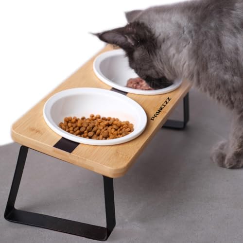Elevated Cat Bowl Stand for Food and Water – Anti-Vomit Raised Feeding Station with Tilted Stand – Removable Round Ceramic Bowls, Anti Slip Bamboo Base, Dishes for Cats, Kitten, Small Dogs & Puppies by PAWKIZZ