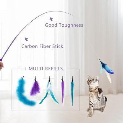 SONGWAY Interactive Cat Feather Toy Set - Retractable Teaser Wand with 6 Pcs Feather Refills with Bell, Cat Wand Toys for Indoor Cats Kittens Play Chase Exercise, Blue - Image 3