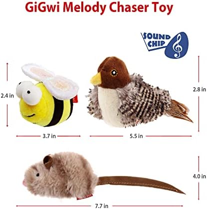 Gigwi Interactive Cat Set - Squeaky Feather Toys for Indoor Cats, 3PCS Plush Pack Including Mouse Hunt, Chase Bird, and Chirping Bee - Image 5