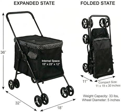 Small Polka Dot Pet Stroller - Small Dog/Cat Stroller, Pet Carrier with Wheels, Easy-Fold Compact Design, Multi-Pocket Storage, Waterproof Oxford Fabric for Pets Under 33 lbs - Image 6
