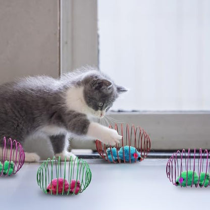 Andiker 6Pcs Cat Spring Toys, 3.9'' Colorful Cat Spring Balls with Mice Interactive Cat Toys Stretchable Metal Cage Balls Spring Cat Toy for Cats Swatting, Hunting Kitten Toys - Image 6