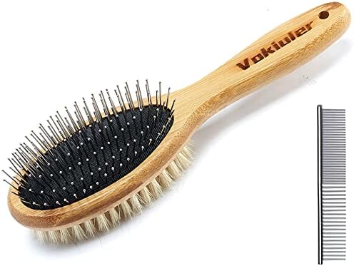 Dog Brush Cat Brush, Vokiuler Double Sided Bristle and Pin Pet Brush for Dog Grooming, Real Boar Bristle Shedding Brush with Bamboo Handle for Long Short Hair, 2 Pack Dog Comb, White by Vokiuler