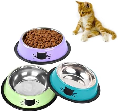 SUOXU Cat Bowls,Stainless Steel Cat Water Food Bowl,Puppy Feeding Bowl,Set of 3 Shallow Pet Bowl Rubber Base Non Slip Small Dogs Feeder Bowls by SUOXU