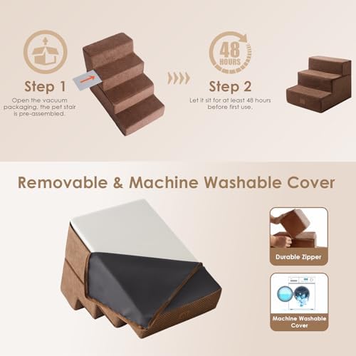EHEYCIGA Dog Stairs for Small Dogs 13.5" H, 3-Step Dog Steps for Cats, Brown - Image 5