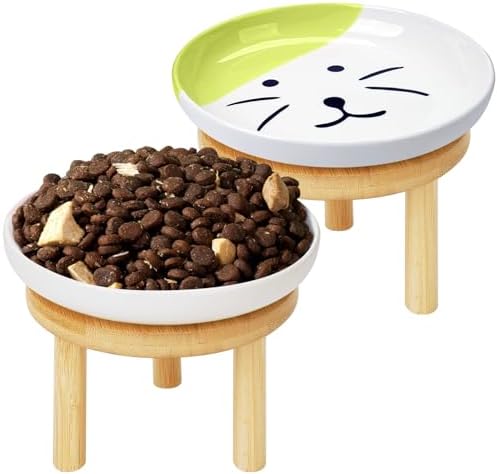 Shallow Elevated Cat Bowls with Bamboo Stand, 5.9 Inch Wide Ceramic Cat Dish Whisker Friendly, 2 Pack Pet Food and Water Plates by Lfpkixise