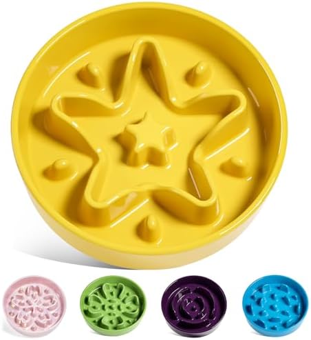 LE TAUCI Slow Feeder Dog Bowls Ceramic, 1.5 Cups Dog Food Bowl, Puppy Slow Feeder Dish for Fast Eaters, Star Yellow by LETAUCI