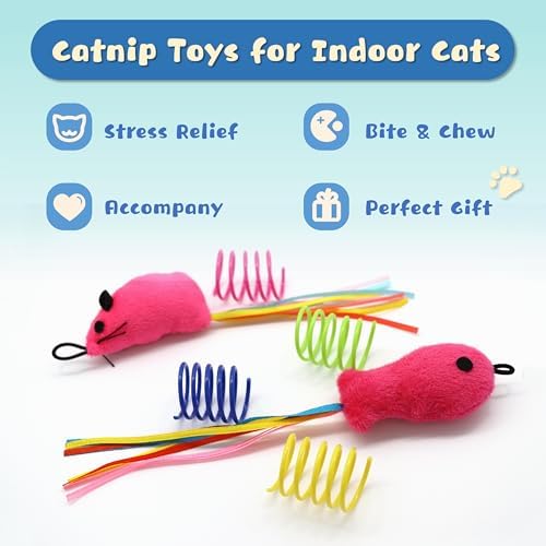 6 Pcs Fish and Mice Catnip Toys Plush Filled, Premium Cat Wand Toy Accessories with Ribbons, Interactive Catnip Toys for Indoor Cats Kitten Exercise, with 4 Pcs Cat Springs - Image 2