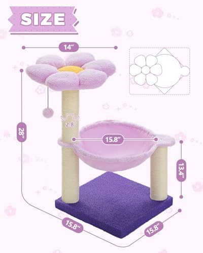 MUTTROS Flower Cat Scratching Post, 28" Cute Cat Tree Tower for Indoor Cats with Large Hammock Soft Perch Bed, Replaceable Toy Ball for Kittens, Purple - Image 7