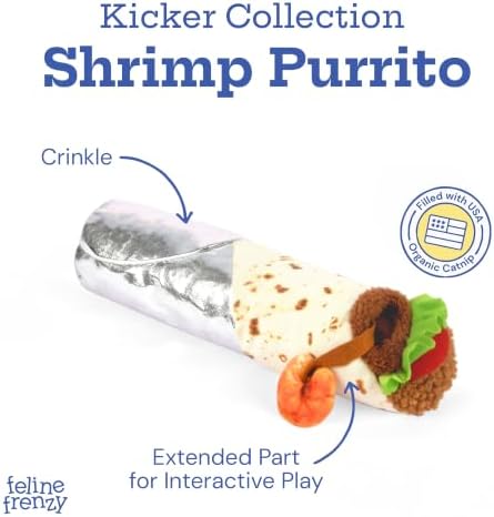 P.L.A.Y. Cute Cat Toys - Feline Frenzy Interactive Kicker Toy, Burrito Food Themed Catnip Filled Toy, Great for Adult Cats and Kittens - Double Stitched, Recycled Materials, Crinkles (Shrimp Purrito) - Image 2