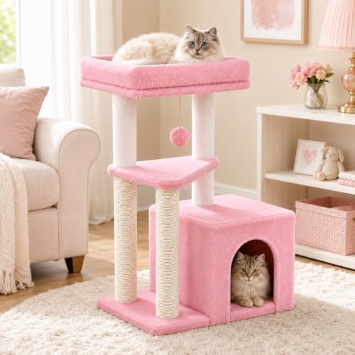 Small Cat Tree Tower for Indoor Cats, 33 Inches Multi-Level Cat Condo with Scratching Posts, Large Perch, Hanging Toy for Large Adult Cats, Pink - Image 2